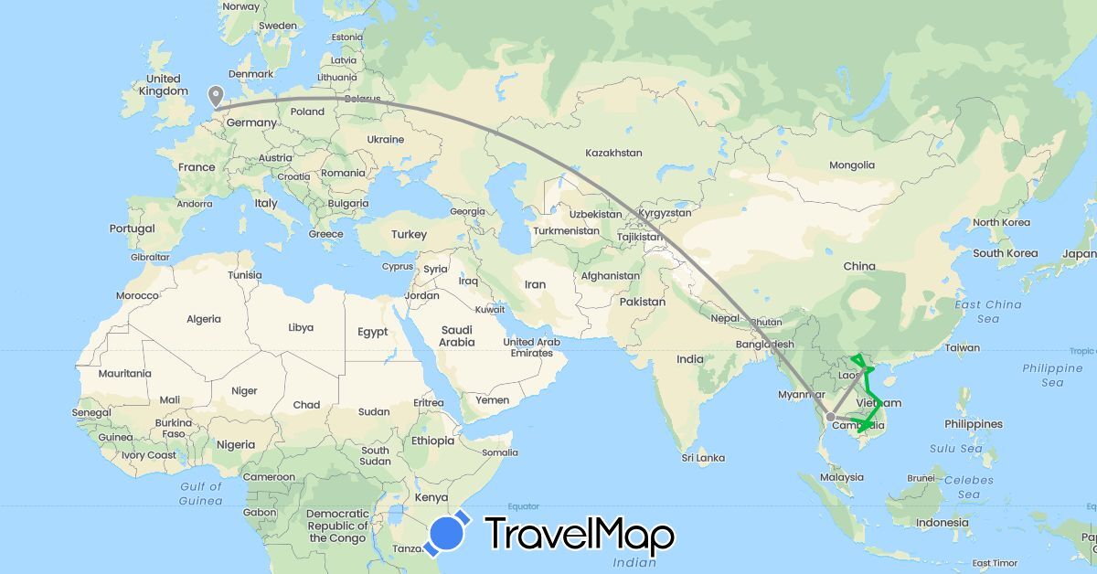 TravelMap itinerary: bus, plane in Cambodia, Netherlands, Thailand, Vietnam (Asia, Europe)